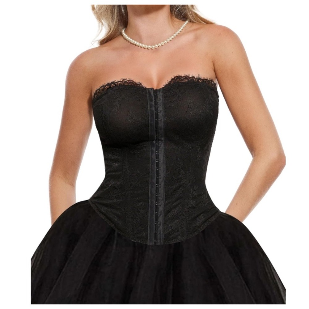 NWT Popilush Lace Corset Bustier Shapewear Top Detachable‎ Straps Black L